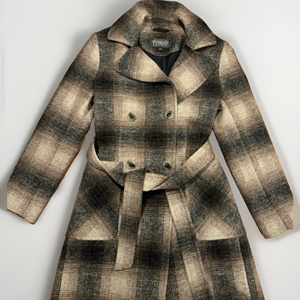 Pendleton Aurora Plaid Wool Blend Trench Coat S Belted Double Breasted Western - Picture 2 of 5